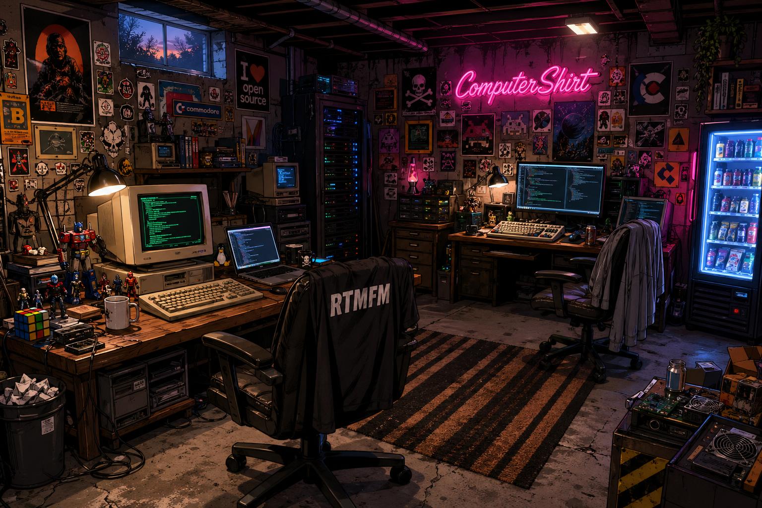 Cluttered programmer's basement office filled with monitors, servers, posters, and merch